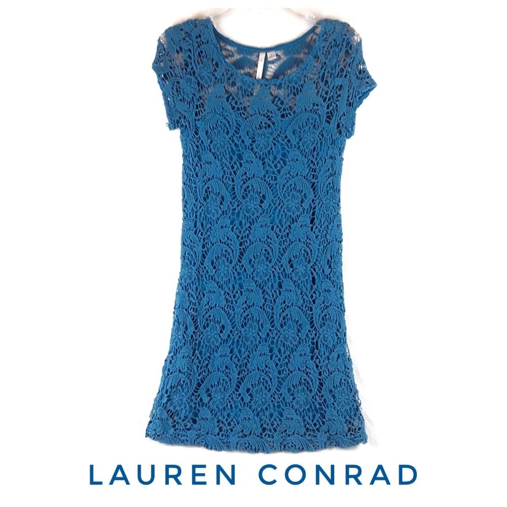 LAUREN CONRAD Turquoise Blue Crochet Lace Dress Juniors Size S Dressy Casual